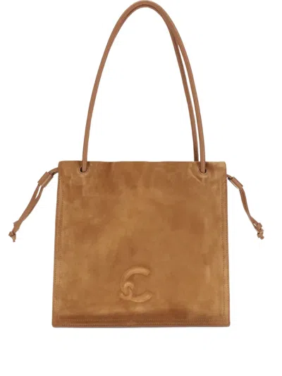 Coccinelle Embossed-logo Suede Shoulder Bag In Brown