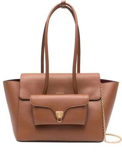 Coccinelle Flap-pocket Chain-detail Tote Bag In Brown