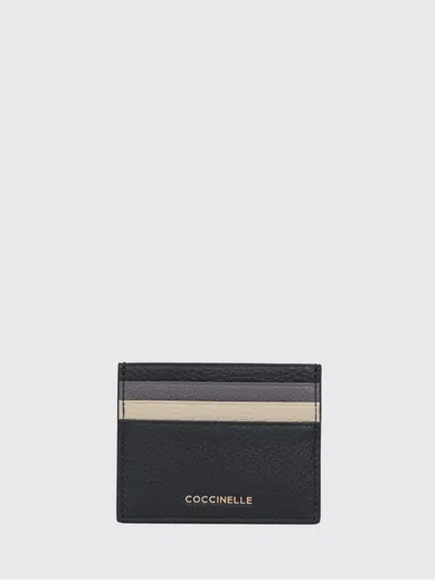 Coccinelle Flat Grained Leather Card Holder With Multicolor Stripe Pattern In Black