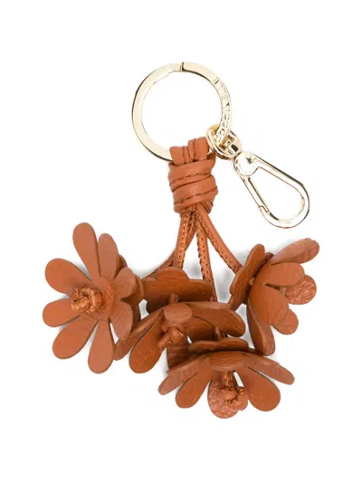 Coccinelle Floral-motif Leather Keyring In Brown