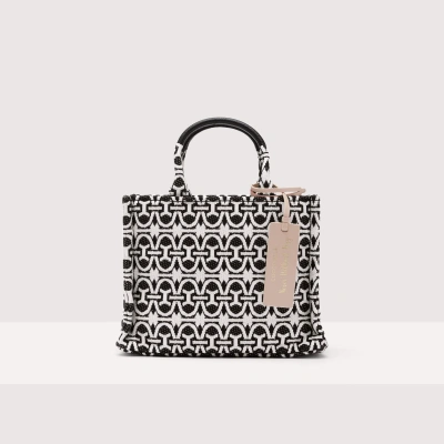 Coccinelle Grained Leather And Jacquard Fabric Handbag Never Without Bag Monogram Small In Multi Noir/noir