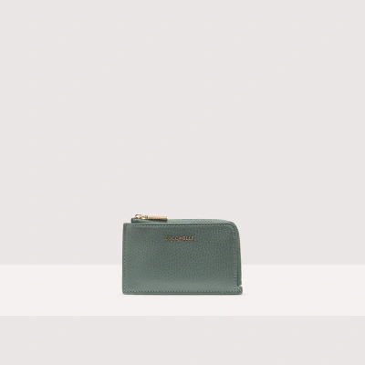 Coccinelle Grained Leather Card Holder Metallic Soft In Kale Green