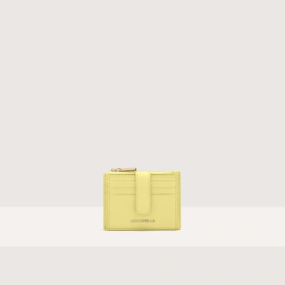 Coccinelle Grained Leather Card Holder Metallic Soft In Lime Wash