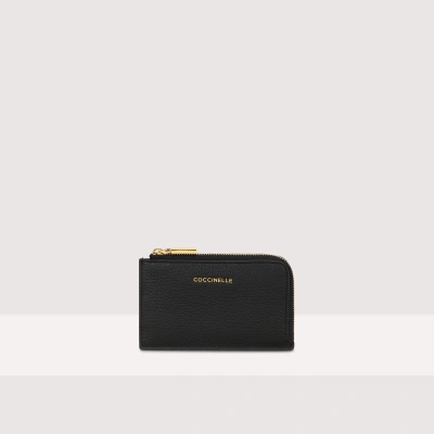 Coccinelle Grained Leather Card Holder Metallic Soft In Noir