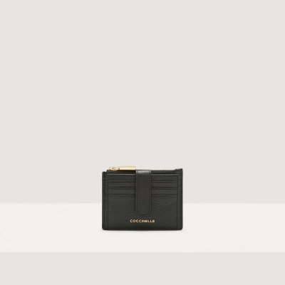 Coccinelle Grained Leather Card Holder Metallic Soft In Noir