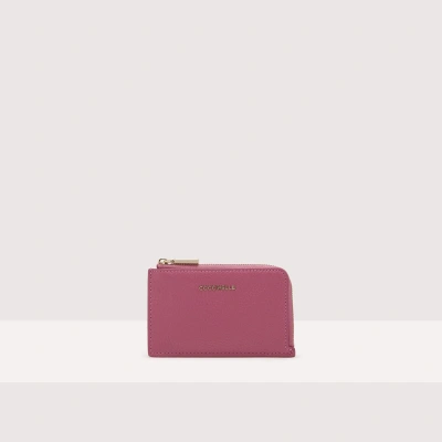 Coccinelle Grained Leather Card Holder Metallic Soft In Pulp Pink