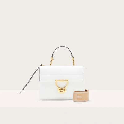 Coccinelle Grained Leather Handbag Arlettis Signature Small In Brillant White