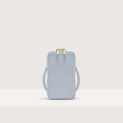 Coccinelle Grained Leather Phone Holder Flor In Mist Blue