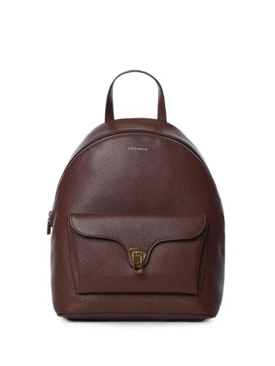 Coccinelle Grainy Leather Backpack In Burgundy