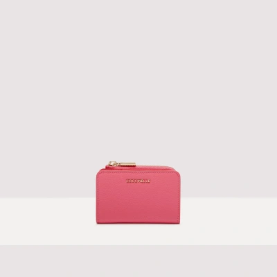 Coccinelle Grainy Leather Card Holder Metallic Soft In Hyper Pink