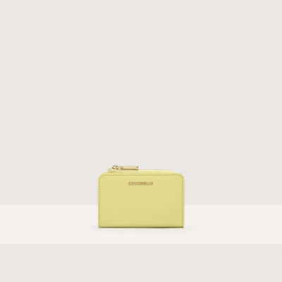 Coccinelle Grainy Leather Card Holder Metallic Soft In Lime Wash
