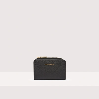 Coccinelle Grainy Leather Card Holder Metallic Soft In Noir