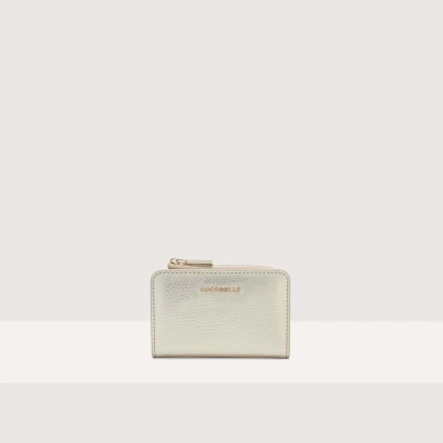 Coccinelle Grainy Leather Card Holder Metallic Soft In Pale Gold