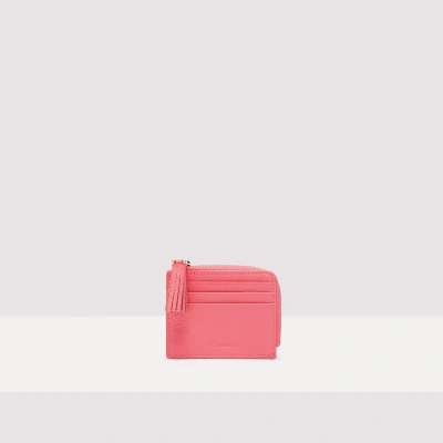 Coccinelle Grainy Leather Card Holder Tassel In Hyper Pink