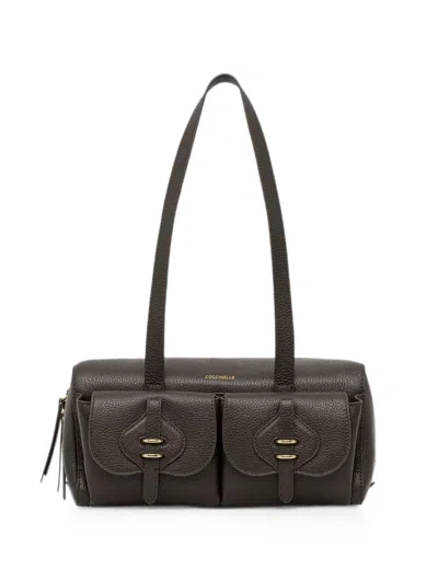Coccinelle Grainy-leather Pocket-detail Tote Bag In Brown