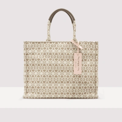 Coccinelle Jacquard Fabric And Grained Leather Handbag Never Without Bag Monogram Medium In Mult.nat./w.tau