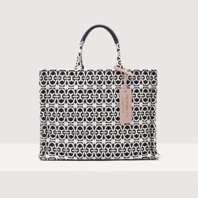 Coccinelle Jacquard Fabric And Grained Leather Handbag Never Without Bag Monogram Medium In Multi Noir/noir