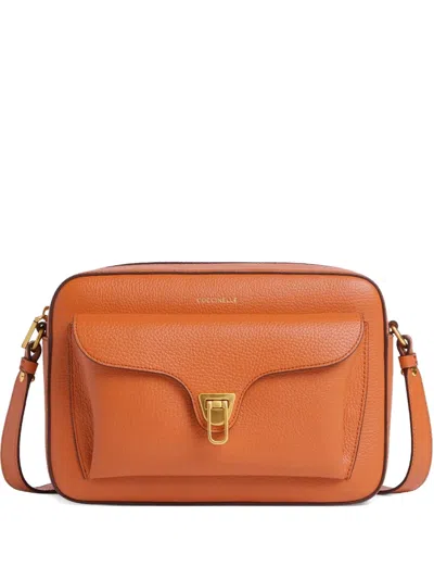Coccinelle Large Beat Front-pocket Leather Shoulder Bag In Orange