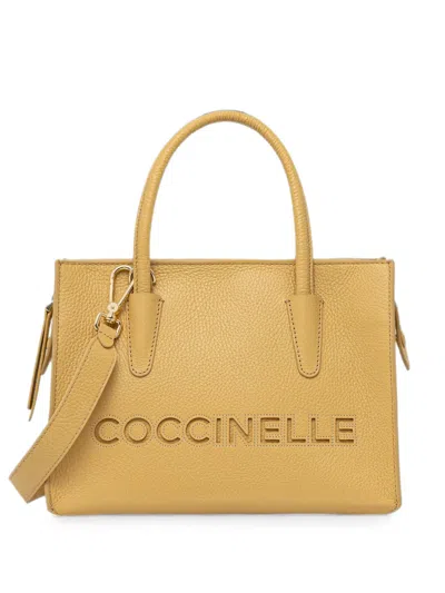 Coccinelle Logo-debossed Pebbled Tote Bag In Brown