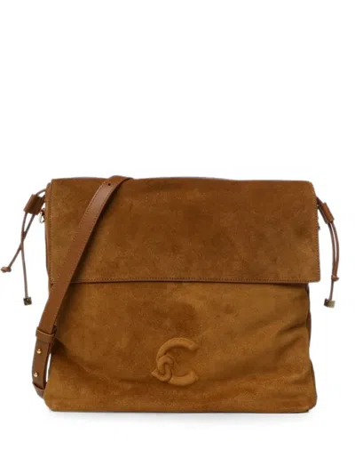 Coccinelle Logo-patch Suede Shoulder Bag In Brown