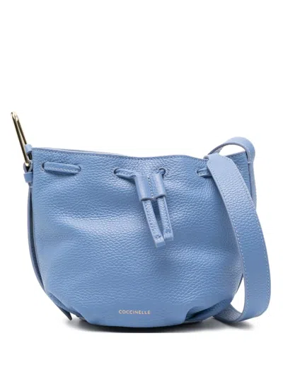 Coccinelle Malory Drawstring Leather Bucket Bag In Blue