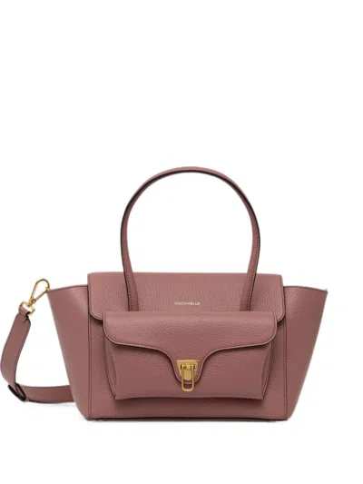 Coccinelle Medium  Double Beat Grainy Leather Tote Bag In Pink