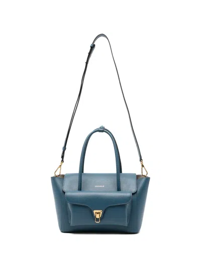 Coccinelle Medium Double Beat Top-handle Leather Tote Bag In Blue
