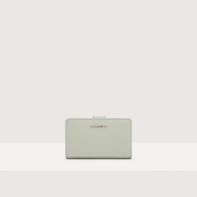 Coccinelle Medium Grained Leather Wallet Metallic Soft In Celadon Green