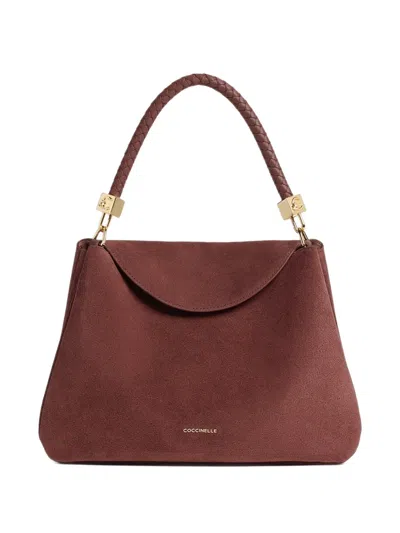 Coccinelle Medium Tiggy Braided-handle Suede Tote Bag In Brown