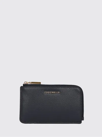 Coccinelle Metallic Soft Striped Pebbled Leather Zipped Card Holder In Black