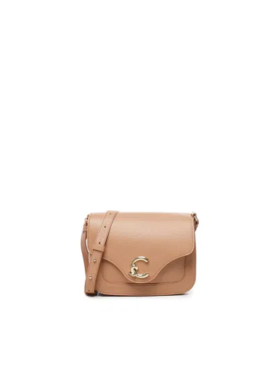 Coccinelle Nude Leather Shoulder Bag With Logo In Beige