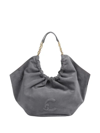 Coccinelle Ruched Grey Suede Shoulder Bag With Gold-tone Accents In Gray