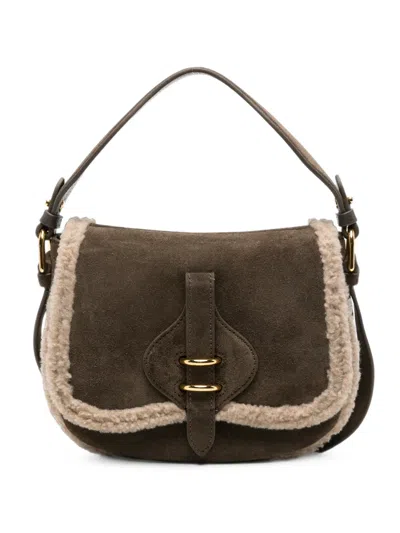 Coccinelle Shearling-trim Suede Shoulder Bag In Brown