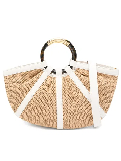 Coccinelle Shell Semi-circular Straw Leather Trim Handbag In Nude