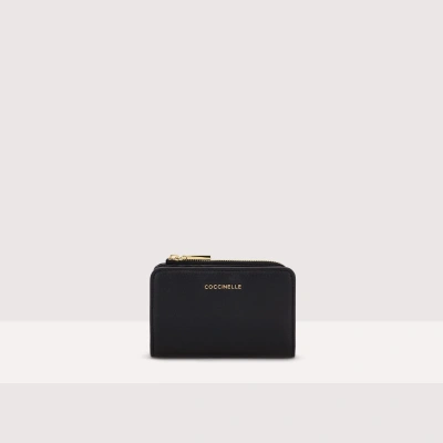 Coccinelle Small Grained Leather Wallet Metallic Soft In Noir