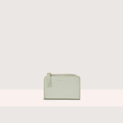 Coccinelle Small Grained Leather Wallet Tassel In Celadon Green