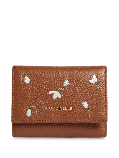 Coccinelle Small Metallic Floral-embroidered Leather Wallet In Brown