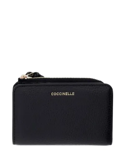 Coccinelle Small Metallic Grained-leather Cardholder In Black