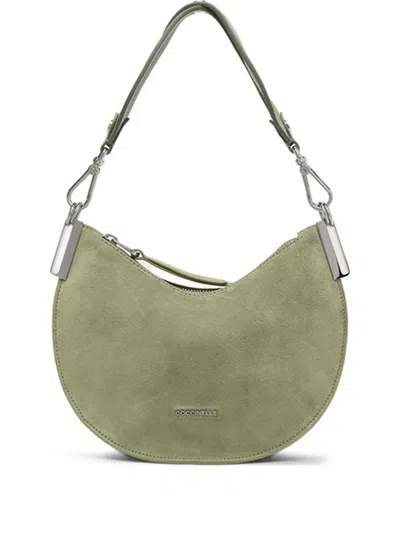 Coccinelle Small Sunup Crescent Suede Shoulder Bag In Green