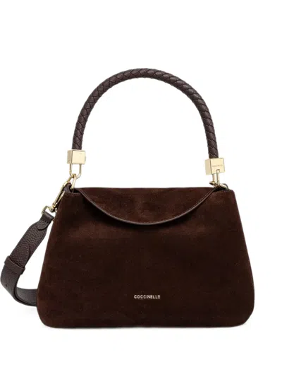 Coccinelle Small Tiggy Braided-handle Suede Tote Bag In Brown
