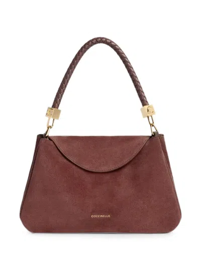 Coccinelle Structured Burgundy Suede Handbag With Braided Handle In Brown