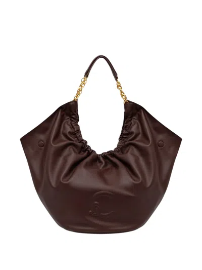 Coccinelle Spacious Ruched Leather Handbag With Gold Chain Accents In Brown