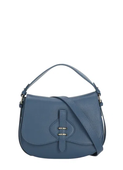 Coccinelle Structured Blue Leather Shoulder Bag With Adjustable Strap