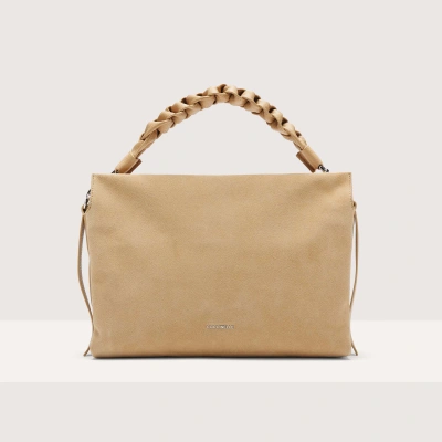 Coccinelle Suede And Grained Leather Shoulder Bag Boheme Suede Bimaterial Medium In Fresh Beige