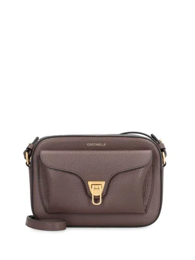 Coccinelle Textured Calfskin Shoulder Bag With Gold-tone Clasp In Brown