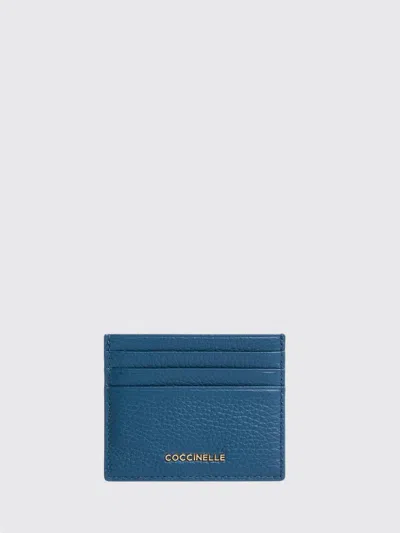 Coccinelle Metallic Grained Leather Card Holder In Blue