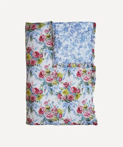 Coco & Wolf Bow Bouquet Regency Trail Ardington Cotton Sateen Reversible Ruffle King Heirloom Quilt In Blue