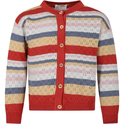 Coco Au Lait Kids' Red Cardigan For Girl With Striped Pattern In Multicolor