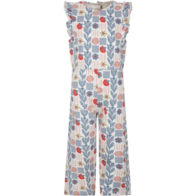 Coco Au Lait Kids' White Jumpsuit For Girl With Flowers Print In Multicolor