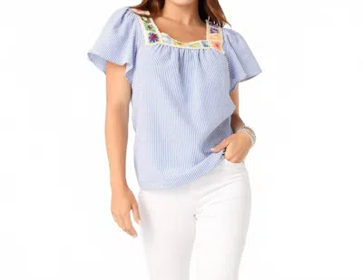 Coco + Carmen Amy Top With Crochet Trim In Blue And White In Multi
